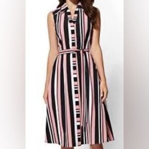 New York & Company Sleeveless Striped Shirt Dress Pink Black White Medium NWT